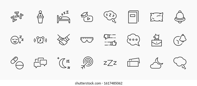 Sleep Vector Line Icons Set. Contains such Icons as Alarm Clock, Bed, Insomnia, Pillow, Sleeping Pills, Bell, Glasses for sleep, Bubble and more. Editable Stroke. 32x32 Pixel Perfect