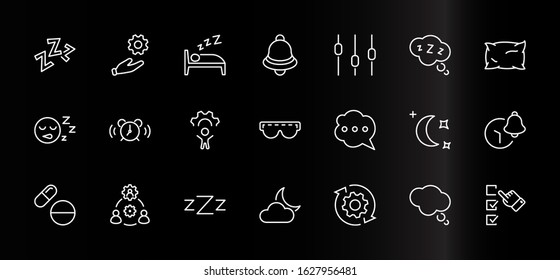 Sleep Vector Line Icons Set. Contains such Icons as Alarm Clock, Bed, Insomnia, Pillow, Sleeping Pills, Bell, Glasses for sleep, Bubble and more. Editable Stroke. 32x32 Pixels