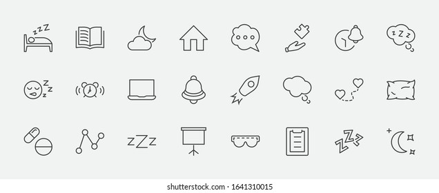 Sleep Vector Line Icons Set. Contains such Icons as Alarm Clock, Bed, Insomnia, Pillow, Sleeping Pills, Bell, Glasses for sleep, Bubble and more. Editable Stroke. 32x32 Pixels