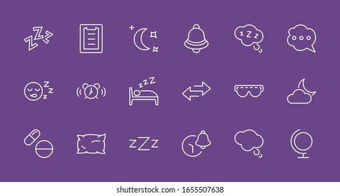 Sleep Vector Line Icons Set. Contains such Icons as Alarm Clock, Bed, Insomnia, Pillow, Sleeping Pills, Bell, Glasses for sleep, Bubble and more. Editable Stroke. 32x32 Pixels