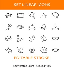 Sleep Vector Line Icons Set. Contains such Icons as Alarm Clock, Bed, Insomnia, Pillow, Sleeping Pills, Bell, Glasses for sleep, Bubble and more. Editable Stroke. 32x32 Pixels