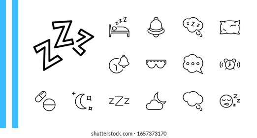 Sleep Vector Line Icons Set. Contains such Icons as Alarm Clock, Bed, Insomnia, Pillow, Sleeping Pills, Bell, Glasses for sleep, Bubble and more. Editable Stroke. 32x32 Pixels