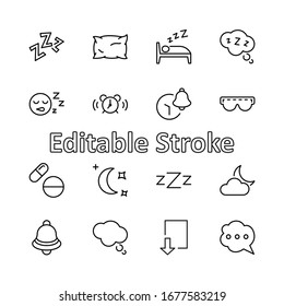 Sleep Vector Line Icons Set. Contains such Icons as Alarm Clock, Bed, Insomnia, Pillow, Sleeping Pills, Bell, Glasses for sleep, Bubble and more. Editable Stroke. 32x32 Pixels