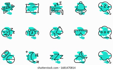 Sleep Vector Line Icons Set. Contains such Icons as Alarm Clock, Bed, Insomnia, Pillow, Sleeping Pills, Bell, Glasses for sleep, Bubble and more. Editable Stroke. 32x32 Pixels