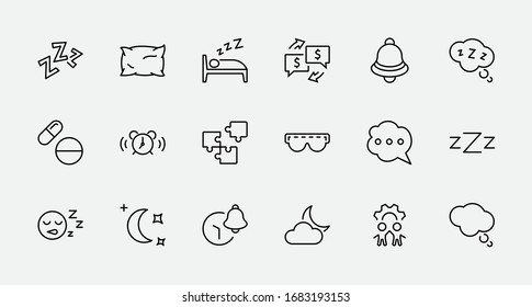 Sleep Vector Line Icons Set. Contains such Icons as Alarm Clock, Bed, Insomnia, Pillow, Sleeping Pills, Bell, Glasses for sleep, Bubble and more. Editable Stroke. 32x32 Pixels