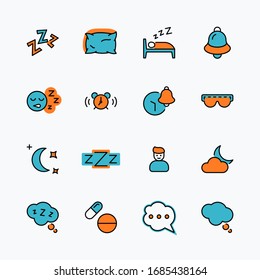 Sleep Vector Line Icons Set. Contains such Icons as Alarm Clock, Bed, Insomnia, Pillow, Sleeping Pills, Bell, Glasses for sleep, Bubble and more. Editable Stroke. 32x32 Pixel Perfect