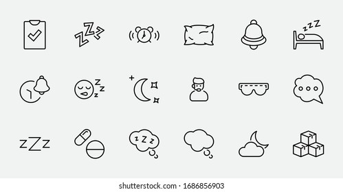Sleep Vector Line Icons Set. Contains such Icons as Alarm Clock, Bed, Insomnia, Pillow, Sleeping Pills, Bell, Glasses for sleep, Bubble and more. Editable Stroke. 32x32 Pixels