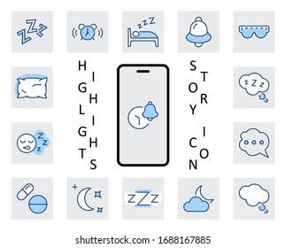Sleep Vector Line Icons Set. Contains such Icons as Alarm Clock, Bed, Insomnia, Pillow, Sleeping Pills, Bell, Glasses for sleep, Bubble and more. Editable Stroke. 32x32 Pixel Perfect