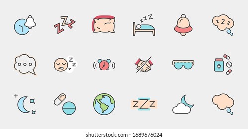 Sleep Vector Line Icons Set. Contains such Icons as Alarm Clock, Bed, Insomnia, Pillow, Sleeping Pills, Bell, Glasses for sleep, Bubble and more. Editable Stroke. 32x32 Pixel Perfect