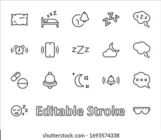 Sleep Vector Line Icons Set. Contains such Icons as Alarm Clock, Bed, Insomnia, Pillow, Sleeping Pills, Bell, Glasses for sleep, Bubble and more. Editable Stroke. 32x32 Pixels