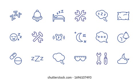 Sleep Vector Line Icons Set. Contains such Icons as Alarm Clock, Bed, Insomnia, Pillow, Sleeping Pills, Bell, Glasses for sleep, Bubble and more. Editable Stroke. 32x32 Pixels