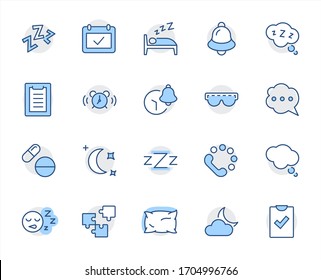 Sleep Vector Line Icons Set. Contains such Icons as Alarm Clock, Bed, Insomnia, Pillow, Sleeping Pills, Bell, Glasses for sleep, Bubble and more. Editable Stroke. 32x32 Pixel Perfect