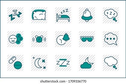 Sleep Vector Line Icons Set. Contains such Icons as Alarm Clock, Bed, Insomnia, Pillow, Sleeping Pills, Bell, Glasses for sleep, Bubble and more. Editable Stroke. 32x32 Pixel Perfect
