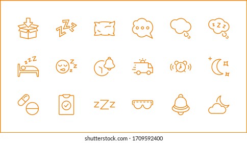 Sleep Vector Line Icons Set. Contains such Icons as Alarm Clock, Bed, Insomnia, Pillow, Sleeping Pills, Bell, Glasses for sleep, Bubble and more. Editable Stroke. 32x32 Pixels