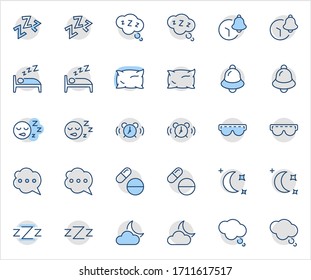 Juego De Iconos De Línea Del Vector De Espera. Contiene íconos como Reloj de alarma, Cama, Insomnio, Almohín, Píldoras para dormir, Campana, Gafas para dormir, Burbuja y más. Trazo editable. Perfecto para 32 x 32 píxeles