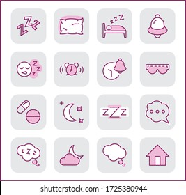 Sleep Vector Line Icons Set. Contains such Icons as Alarm Clock, Bed, Insomnia, Pillow, Sleeping Pills, Bell, Glasses for sleep, Bubble and more. Editable Stroke. 32x32 Pixel Perfect