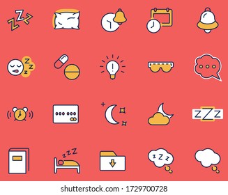 Sleep Vector Line Icons Set. Contains such Icons as Alarm Clock, Bed, Insomnia, Pillow, Sleeping Pills, Bell, Glasses for sleep, Bubble and more. Editable Stroke. 32x32 Pixel Perfect