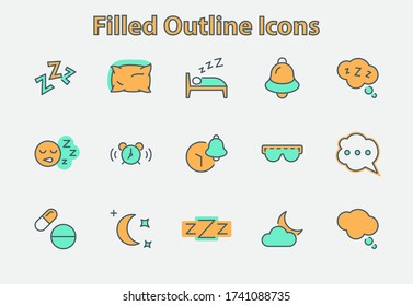 Sleep Vector Line Icons Set. Contains such Icons as Alarm Clock, Bed, Insomnia, Pillow, Sleeping Pills, Bell, Glasses for sleep, Bubble and more. Editable Stroke. 32x32 Pixel Perfect