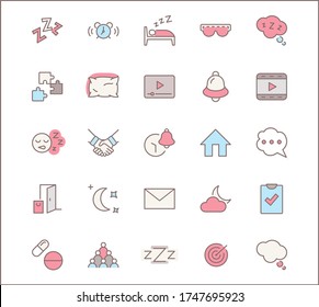 Juego de iconos de línea del vector de suspensión. Contiene íconos como Reloj de alarma, Cama, Insomnio, Almohada, Píldoras durmientes, Campana, Gafas para dormir, Burbuja y más. Stroke editable. 32x32 Perfecto para píxeles
