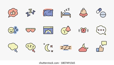 Sleep Vector Line Icons Set. Contains such Icons as Alarm Clock, Bed, Insomnia, Pillow, Sleeping Pills, Bell, Glasses for sleep, Bubble and more. Editable Stroke. 32x32 Pixel Perfect