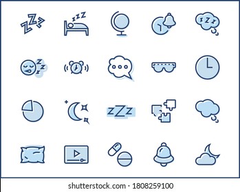 Juego de iconos de línea del vector de suspensión. Contiene íconos como Reloj de alarma, Cama, Insomnio, Almohada, Píldoras durmientes, Campana, Gafas para dormir, Burbuja y más. Stroke editable. 32x32 Perfecto para píxeles
