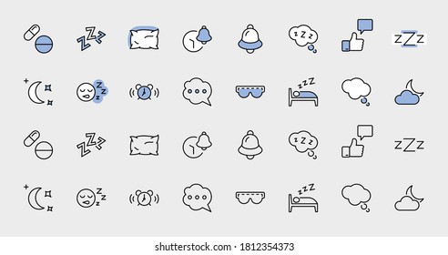 Sleep Vector Line Icons Set. Contains such Icons as Alarm Clock, Bed, Insomnia, Pillow, Sleeping Pills, Bell, Glasses for sleep, Bubble and more. Editable Stroke. 32x32 Pixel Perfect