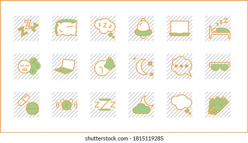 Sleep Vector Line Icons Set. Contains such Icons as Alarm Clock, Bed, Insomnia, Pillow, Sleeping Pills, Bell, Glasses for sleep, Bubble and more. Editable Stroke. Pixel Perfect