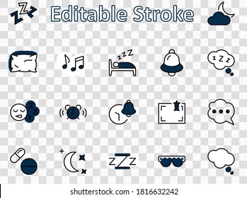 Sleep Vector Line Icons Set. Contains such Icons as Alarm Clock, Bed, Insomnia, Pillow, Sleeping Pills, Bell, Glasses for sleep, Bubble and more. Editable Stroke. 32x32 Pixel Perfect