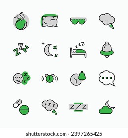 Sleep Vector Line Icons Set. Contains such Icons as Alarm Clock, Bed, Insomnia, Pillow, Sleeping Pills, Bell, Glasses for sleep, Bubble and more. Editable Stroke. 32x32 Pixel Perfect