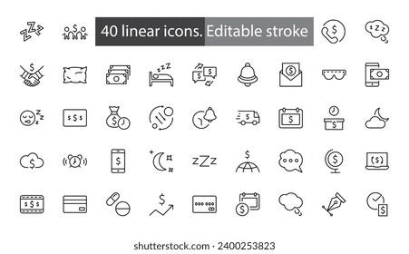 Sleep Vector Line Icons Set. Contains such Icons as Alarm Clock, Bed, Insomnia, Pillow, Sleeping Pills, Bell, Glasses for sleep, Bubble and more. Editable Stroke. 32x32 Pixels