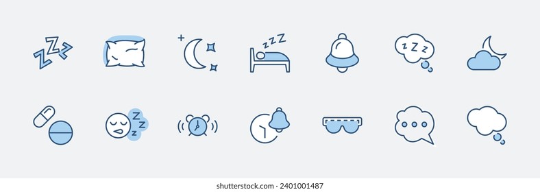 Sleep Vector Line Icons Set. Contains such Icons as Alarm Clock, Bed, Insomnia, Pillow, Sleeping Pills, Bell, Glasses for sleep, Bubble and more. Editable Stroke. 32x32 Pixel Perfect