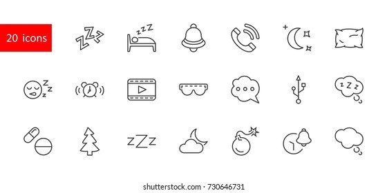 Sleep Vector Line Icons Set. Contains such Icons as Alarm Clock, Bed, Insomnia, Pillow, Sleeping Pills, Bell, Glasses for sleep, Bubble and more. Editable Stroke. 32x32 Pixel Perfect