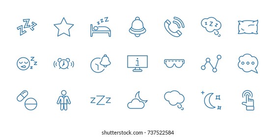 Sleep Vector Line Icons Set. Contains such Icons as Alarm Clock, Bed, Insomnia, Pillow, Sleeping Pills, Bell, Glasses for sleep, Bubble and more. Editable Stroke. 32x32 Pixel Perfect