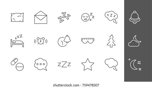 Sleep Vector Line Icons Set. Contains such Icons as Alarm Clock, Bed, Insomnia, Pillow, Sleeping Pills, Bell, Glasses for sleep, Bubble and more. Editable Stroke. 32x32 Pixel Perfect