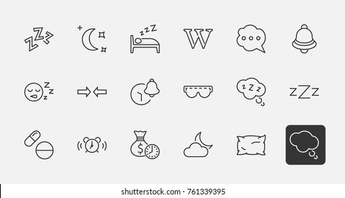 Sleep Vector Line Icons Set. Contains such Icons as Alarm Clock, Bed, Insomnia, Pillow, Sleeping Pills, Bell, Glasses for sleep, Bubble and more. Editable Stroke. 32x32 Pixel Perfect