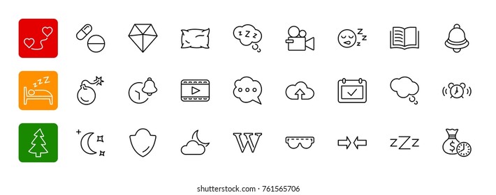 Sleep Vector Line Icons Set. Contains such Icons as Alarm Clock,
