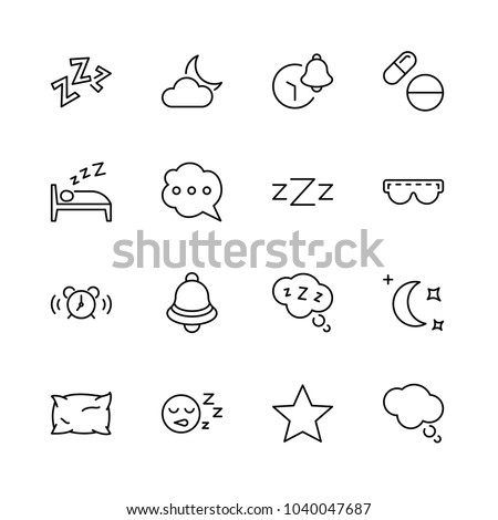 Sleep Vector Line Icons Set. Contains such Icons as Alarm Clock, Bed, Insomnia, Pillow, Sleeping Pills, Bell, Glasses for sleep, Bubble and more. Editable Stroke. 32x32 Pixel Perfect