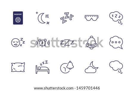 Sleep Vector Line Icons Set. Contains such Icons as Alarm Clock, Bed, Insomnia, Pillow, Sleeping Pills, Bell, Glasses for sleep, Bubble and more. Editable Stroke. 32x32 Pixel Perfect