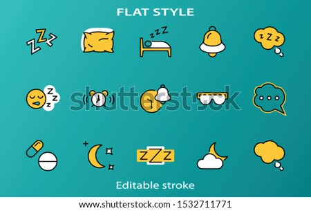 Sleep Vector Line Icons Set. Contains such Icons as Alarm Clock, Bed, Insomnia, Pillow, Sleeping Pills, Bell, Glasses for sleep, Bubble and more. Editable Stroke. 32x32 Pixel Perfect