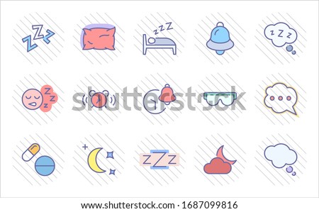 Sleep Vector Line Icons Set. Contains such Icons as Alarm Clock, Bed, Insomnia, Pillow, Sleeping Pills, Bell, Glasses for sleep, Bubble and more. Editable Stroke. 32x32 Pixel Perfect