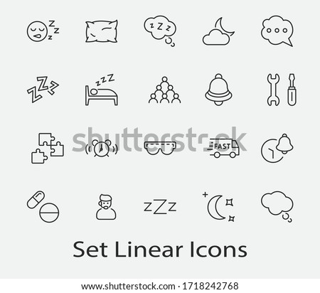 Sleep Vector Line Icons Set. Contains such Icons as Alarm Clock, Bed, Insomnia, Pillow, Sleeping Pills, Bell, Glasses for sleep, Bubble and more. Editable Stroke. 32x32 Pixels