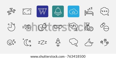 Sleep Vector Line Icons Set. Contains such Icons as Alarm Clock, Bed, Insomnia, Pillow, Sleeping Pills, Bell, Glasses for sleep, Bubble and more. Editable Stroke. 32x32 Pixel Perfect