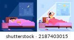 Sleep and wake up in bedroom. Lazy sleeping happy woman and waking early stretching morning at sunrise window, awake lady sitting mattress bed in home room, vector illustration of bed morning