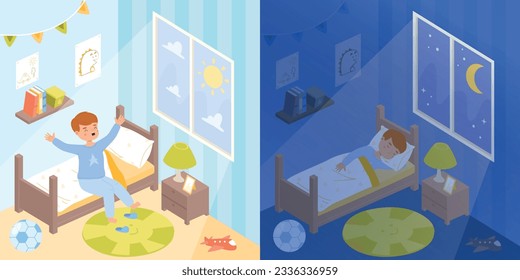 Sleep and wake up boy in bedroom. Kid at early morning, sweet dreams at night. Daily schedule, child healthy sleeping and rest snugly cartoon vector scene