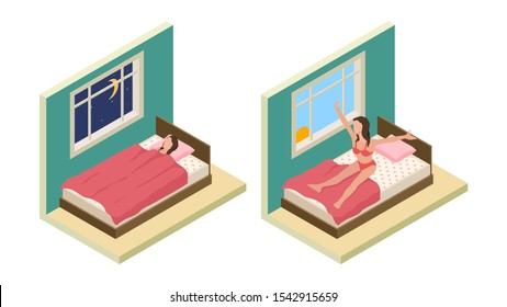 Sleep wake up girl. Isometric bedroom. Vector girl sleep on bed. Good night good morning concept