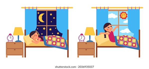 Sleep and wake up. Girl stretching in bed, healthy sleeping. Night and morning, kid relaxing in bedroom. Early sunrise, awakened baby decent vector scene