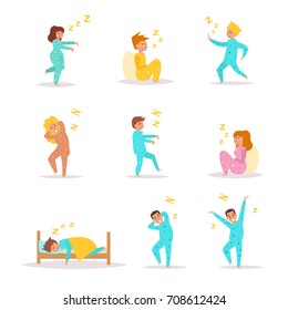 Sleep, walks in sleep, yawns, stretches, snores. Set with people. Vector. Cartoon. Isolated art on white background. Flat