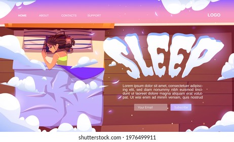 Sleep website with woman naps in bed under blanket. Top view of sleeping girl on mattress with pillows. Vector landing page with cartoon illustration of person rest in bedroom at night