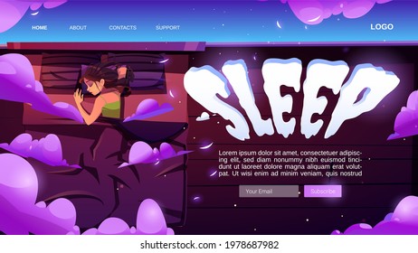 Sleep website with woman naps in bed under blanket. Top view of sleeping girl on mattress with pillows. Vector landing page with cartoon illustration of person rest in bedroom at night