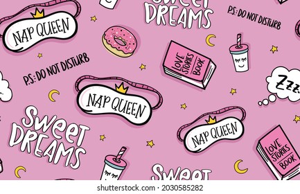 Sleep or weekend concept cute pink drawings like donuts, sleeping masks, seamless repeating pattern texture background design